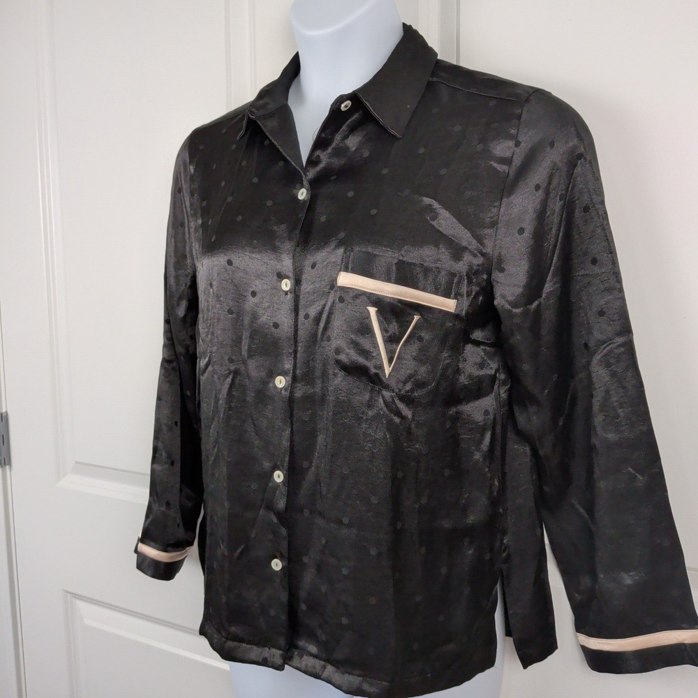 Victorias Secret Black Polka Dot Satin Pajama Top Medium Button Down
